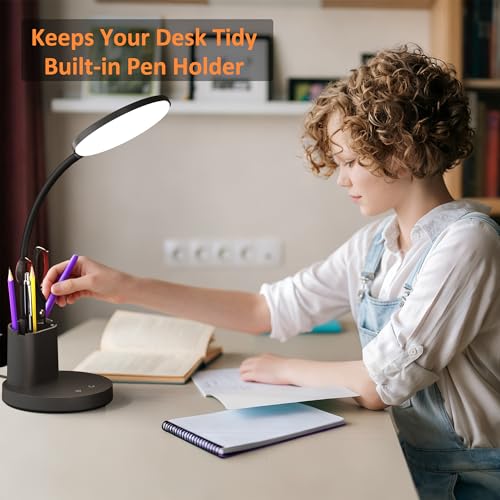 Vicsoon LED Desk Lamp for College Dorm with Pen Phone Holder, Black | 3 Color Modes Dimmable Desk Light, College Dorm Essentials, 360° Adjustable Arm, Eye-caring Bedside Reading Lamp, 800 Lumen - photo 5