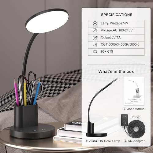Vicsoon LED Desk Lamp for College Dorm with Pen Phone Holder, Black | 3 Color Modes Dimmable Desk Light, College Dorm Essentials, 360° Adjustable Arm, Eye-caring Bedside Reading Lamp, 800 Lumen - photo 7