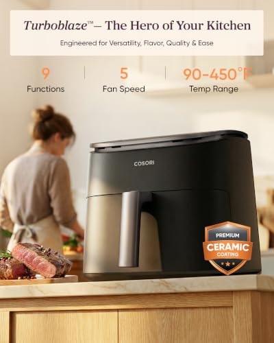 Cosori TurboBlaze Air Fryer, 9-in-1, 6 Qt, PFAS-Free Ceramic Coating | 90°-450°F, 5 Fan Speeds, Air Fry, Roast, Broil, Frozen, Bake, Dry, Proof, 95% Less Oil, Safety Lock, Dishwasher-Safe, 1725W - photo 2