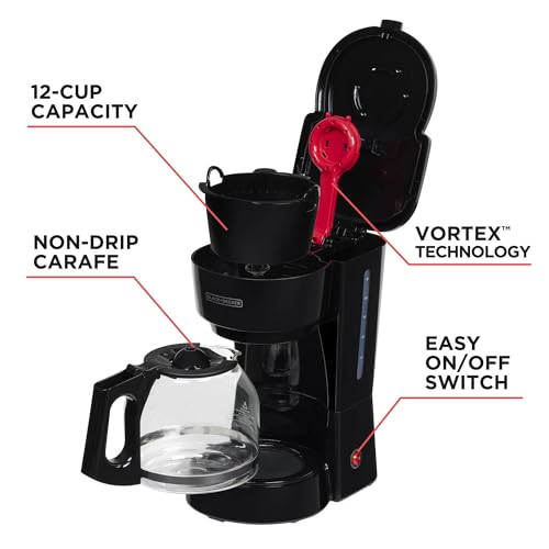 BLACK+DECKER 12-Cup Coffee Maker with Easy On/Off Switch, Easy Pour, Non-Drip Carafe with Removable Filter Basket, Vortex Technology, Black - photo 3