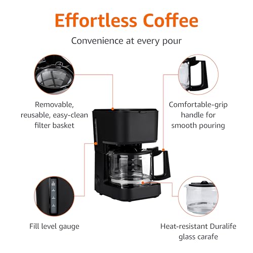 Amazon Basics 5 Cup Drip Coffee Maker with Glass Coffee Pot (0.8 Qt), Auto Shut-off, Auto Pause, Removable Filter Basket, Matte Black - photo 2