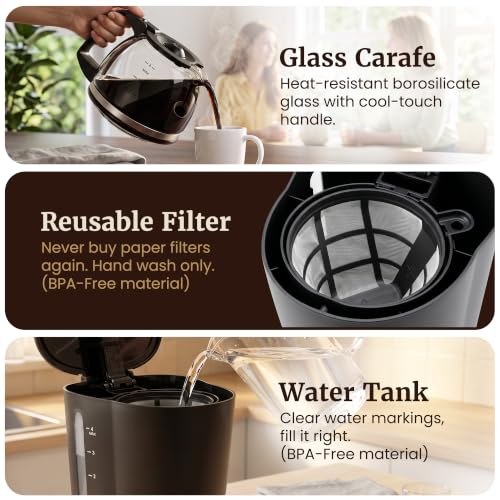 Elite Gourmet EHC4128 Automatic 4-Cup Drip Coffee Maker, Black | Glass carafe, Pause N Serve, reusable filter, On/Off switch, and Keep Warm with water level indicator - photo 5