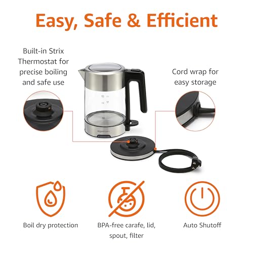 Amazon Basics Electric Kettle with Glass Carafe for Tea and Coffee, Fast Boiling, Auto Shut-Off, Boil-Dry Protection, Temperature Control, Removable Filter, 1 Liter, 1500W, BPA-Free - photo 3