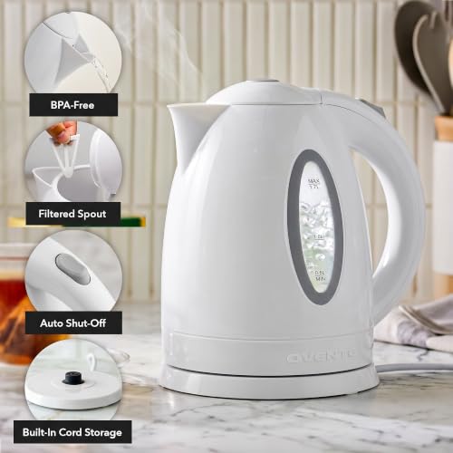 OVENTE 1.7L Electric Tea Kettle, Fast Boiling Water Heater, White KP72W | BPA-Free, Auto Shut-Off, Boil-Dry Protection, 360° Swivel Base, Cordless Serving, Clear-View Window, Removable Filter, 1100W - photo 2
