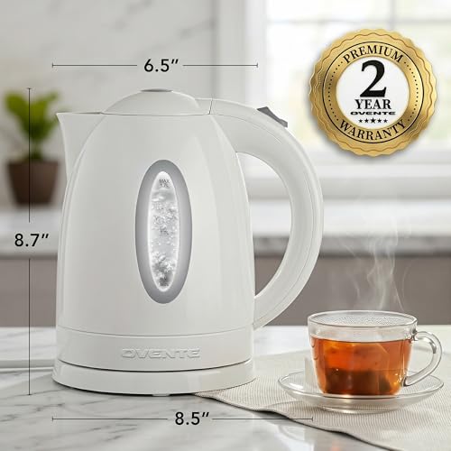 OVENTE 1.7L Electric Tea Kettle, Fast Boiling Water Heater, White KP72W | BPA-Free, Auto Shut-Off, Boil-Dry Protection, 360° Swivel Base, Cordless Serving, Clear-View Window, Removable Filter, 1100W - photo 5