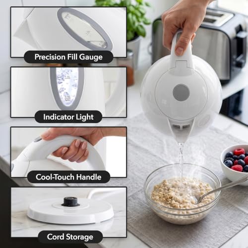 OVENTE 1.7L Electric Tea Kettle, Fast Boiling Water Heater, White KP72W | BPA-Free, Auto Shut-Off, Boil-Dry Protection, 360° Swivel Base, Cordless Serving, Clear-View Window, Removable Filter, 1100W - photo 6