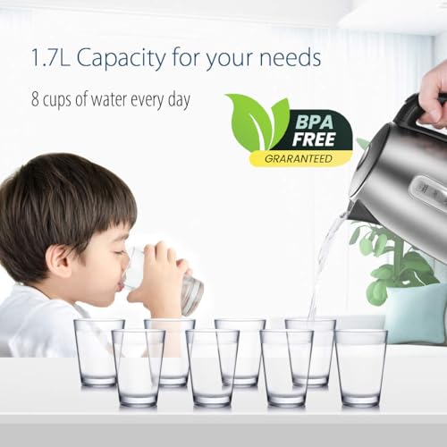 COMFEE' Stainless Steel Electric Kettle, 1.7 Liter Tea Kettle Electric & Hot Water Kettle, 1500W Fast Boil with LED Light, Auto Shut-Off and Boil-Dry Protection - photo 2