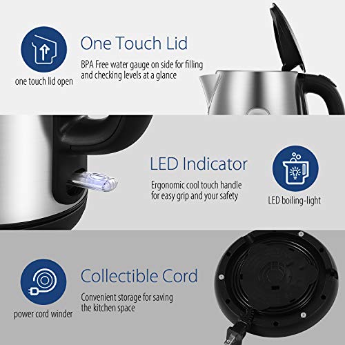 COMFEE' Stainless Steel Electric Kettle, 1.7 Liter Tea Kettle Electric & Hot Water Kettle, 1500W Fast Boil with LED Light, Auto Shut-Off and Boil-Dry Protection - photo 5