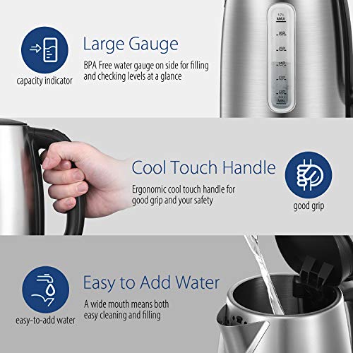 COMFEE' Stainless Steel Electric Kettle, 1.7 Liter Tea Kettle Electric & Hot Water Kettle, 1500W Fast Boil with LED Light, Auto Shut-Off and Boil-Dry Protection - photo 4