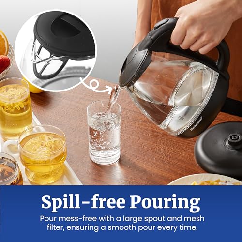 Elite Gourmet 1L BPA-Free Glass Electric Kettle, 1100W Fast Boil, Blue LED | Auto Shut-Off, Boil-Dry Protection, 360° Cordless Base, Water Level Markings, Mesh Filter, Large Pouring Spout, EKT1001 - photo 7