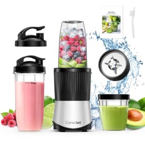 Consciot 11-Piece Blender for Kitchen and Personal Size, 900 Peak Watts | Blend Shakes & Smoothies, Frozen Drinks, Baby Food, Spreads & More, 3 Portable BPA-Free To-Go Cups, 2 Spout-Lids & 1 Flat-Lid