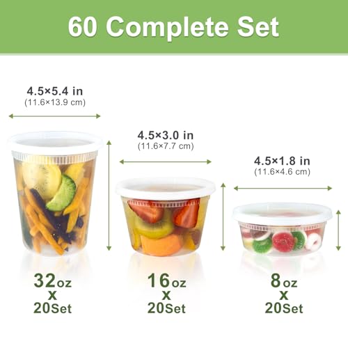 60 Sets (120-Piece) Deli Containers with Lids, 32/16/8 oz X 20 Set Each | Leak-Proof & BPA Free Airtight Takeout Plastic Food Storage Containers for Soup, Freezer/Microwave - photo 2