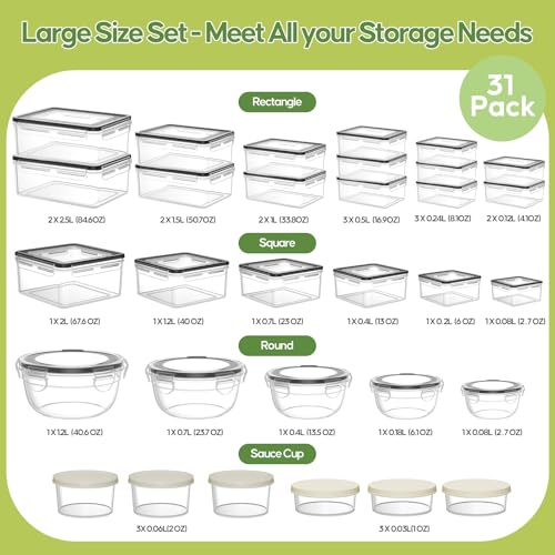62 PCS Large Food Storage Containers with Lids (31 Lids & 31 Containers) | 85 OZ Airtight Reusable Plastic Leakproof Meal-Prep Container for Kitchen Storage Organization Microwave/Dishwasher Safe - photo 2