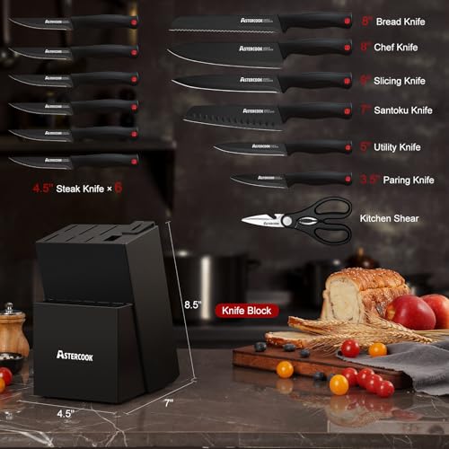 Astercook Knife Set for Kitchen with Block and Sharpener 15pcs German | Stainless Steel Kitchen Utensils Set Dishwasher Safe - photo 2