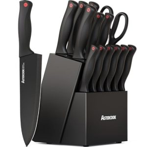 Astercook Knife Set for Kitchen with Block and Sharpener 15pcs German | Stainless Steel Kitchen Utensils Set Dishwasher Safe