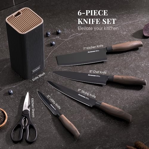 Astercook Knife Set, 6-Piece Kitchen Knife Set with Block, High Carbon Stainless Steel Ultra Sharp Kitchen Knives, Wood Grain Handle, Dishwasher Safe Knife Block Set, Black, Kitchen Utility Knives - photo 2