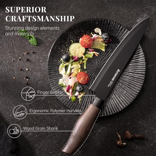 Astercook Knife Set, 6-Piece Kitchen Knife Set with Block, High Carbon Stainless Steel Ultra Sharp Kitchen Knives, Wood Grain Handle, Dishwasher Safe Knife Block Set, Black, Kitchen Utility Knives - photo 5