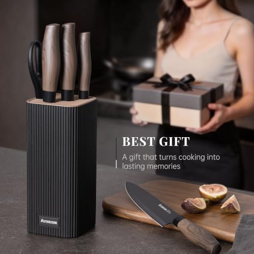 Astercook Knife Set, 6-Piece Kitchen Knife Set with Block, High Carbon Stainless Steel Ultra Sharp Kitchen Knives, Wood Grain Handle, Dishwasher Safe Knife Block Set, Black, Kitchen Utility Knives - photo 9