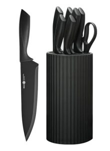 NULAS 8-Piece Kitchen Knife Set with Block, Dishwasher Safe, Black | 6 Versatile Blades, Kitchen Shears, Universal storage, Rust-resistant Finish and Ergonomic Handles