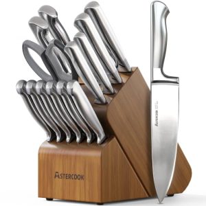 Astercook Knife Set 15 Piece German Steel Kitchen Knife Block Set | Wooden Block, Built-in Sharpener, One-Piece Design, Razor Sharp, Rust-Resistant, 6 Steak Knife, Full Tang, for Cooking & Gift