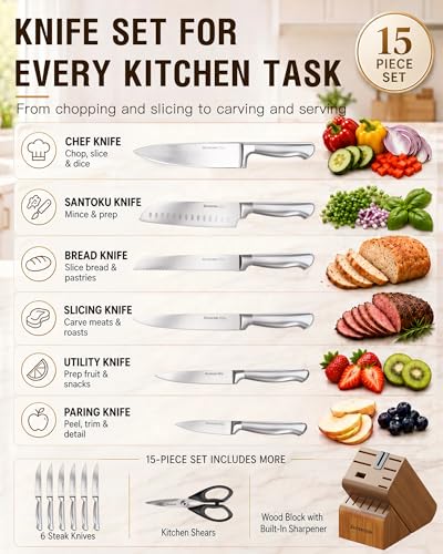 Astercook Knife Set 15 Piece German Steel Kitchen Knife Block Set | Wooden Block, Built-in Sharpener, One-Piece Design, Razor Sharp, Rust-Resistant, 6 Steak Knife, Full Tang, for Cooking & Gift - photo 7