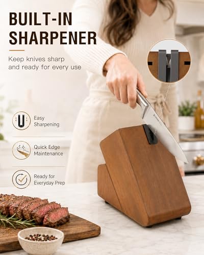 Astercook Knife Set 15 Piece German Steel Kitchen Knife Block Set | Wooden Block, Built-in Sharpener, One-Piece Design, Razor Sharp, Rust-Resistant, 6 Steak Knife, Full Tang, for Cooking & Gift - photo 4