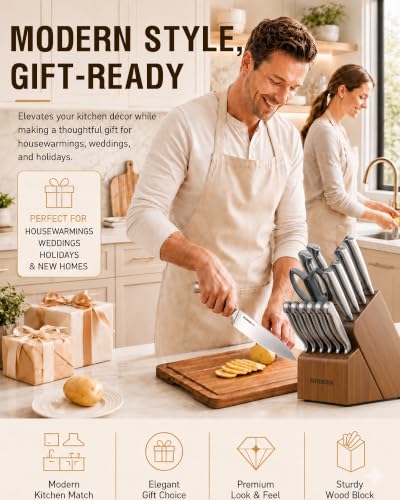 Astercook Knife Set 15 Piece German Steel Kitchen Knife Block Set | Wooden Block, Built-in Sharpener, One-Piece Design, Razor Sharp, Rust-Resistant, 6 Steak Knife, Full Tang, for Cooking & Gift - photo 8