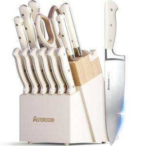 Knife Set,Astercook Kitchen Knife Set with Block 14-Piece Full Tang Stainless Steel Knives with Sharpener Dishwasher Safe and Anti-Slip Ergonomic Handle Utensils Set