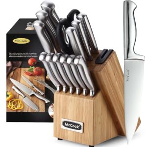 McCook Knife Set Kitchen Steel Knife Block Set w Built-in Sharpener | German Forged Stainless Steel,15 PC,Razor Sharp,Non-Stick&Anti-Rust,Ergonomic Handle,Full Tang,Gift Box