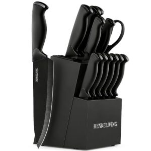 HENKELIVING 14-Piece Black Kitchen Knife Block Set with Built-In Sharpener | German high-carbon stainless steel blades, dishwasher safe, ultra-sharp edges, ergonomic non-slip handles