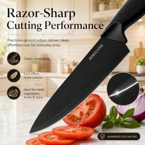HENKELIVING 14-Piece Black Kitchen Knife Block Set with Built-In Sharpener | German high-carbon stainless steel blades, dishwasher safe, ultra-sharp edges, ergonomic non-slip handles - photo 4