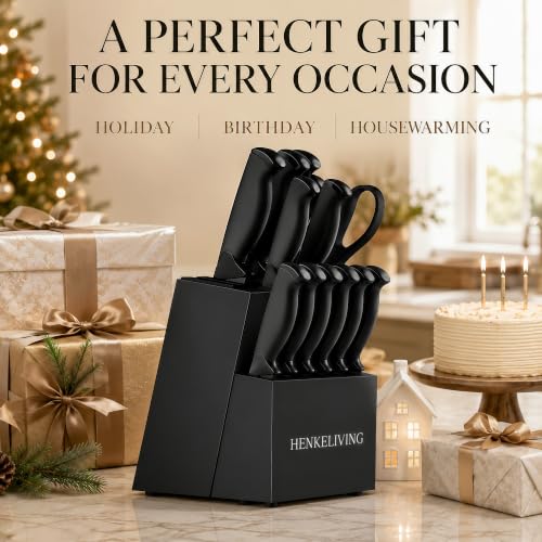 HENKELIVING 14-Piece Black Kitchen Knife Block Set with Built-In Sharpener | German high-carbon stainless steel blades, dishwasher safe, ultra-sharp edges, ergonomic non-slip handles - photo 8