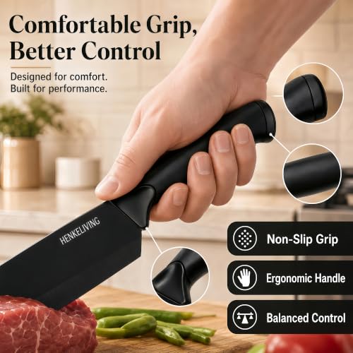 HENKELIVING 14-Piece Black Kitchen Knife Block Set with Built-In Sharpener | German high-carbon stainless steel blades, dishwasher safe, ultra-sharp edges, ergonomic non-slip handles - photo 7