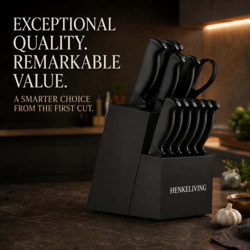 HENKELIVING 14-Piece Black Kitchen Knife Block Set with Built-In Sharpener | German high-carbon stainless steel blades, dishwasher safe, ultra-sharp edges, ergonomic non-slip handles - photo 6