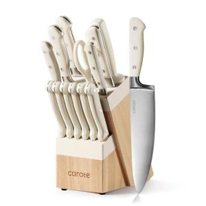 CAROTE 14-Piece Knife Set with Wood Block, Rust-Resistant, Cream | Razor-Sharp High Carbon Stainless Steel Knives, Long-Lasting Sharpness, Forged, Triple-Riveted Ergonomic Non-Slip Handles