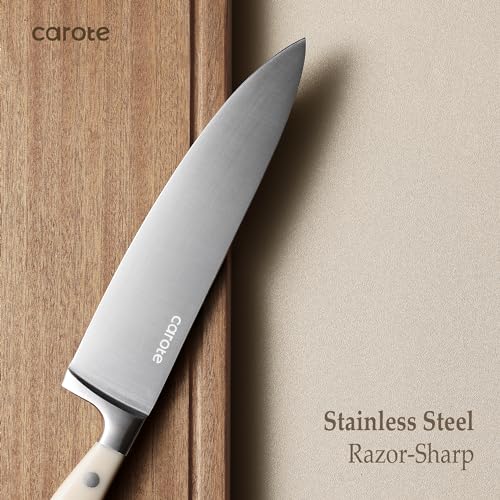 CAROTE 14-Piece Knife Set with Wood Block, Rust-Resistant, Cream | Razor-Sharp High Carbon Stainless Steel Knives, Long-Lasting Sharpness, Forged, Triple-Riveted Ergonomic Non-Slip Handles - photo 3