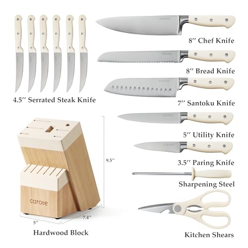 CAROTE 14-Piece Knife Set with Wood Block, Rust-Resistant, Cream | Razor-Sharp High Carbon Stainless Steel Knives, Long-Lasting Sharpness, Forged, Triple-Riveted Ergonomic Non-Slip Handles - photo 2