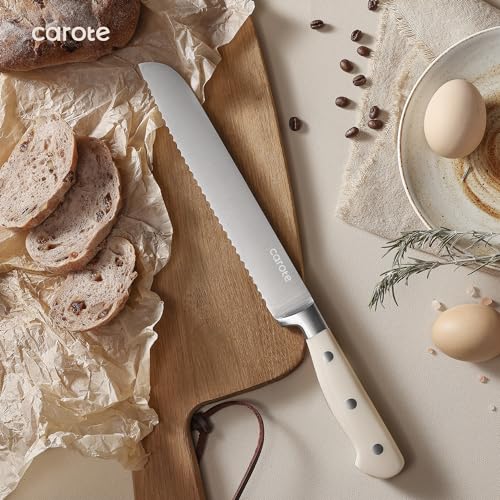 CAROTE 14-Piece Knife Set with Wood Block, Rust-Resistant, Cream | Razor-Sharp High Carbon Stainless Steel Knives, Long-Lasting Sharpness, Forged, Triple-Riveted Ergonomic Non-Slip Handles - photo 8