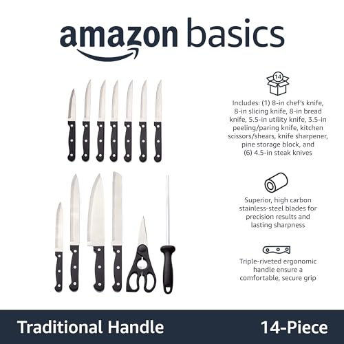 Amazon Basics 14-Piece High Carbon Stainless Steel Kitchen Knife Set with Full Tang Construction, Ergonomic Handles, Sharpener and Pinewood Block, Black - photo 2