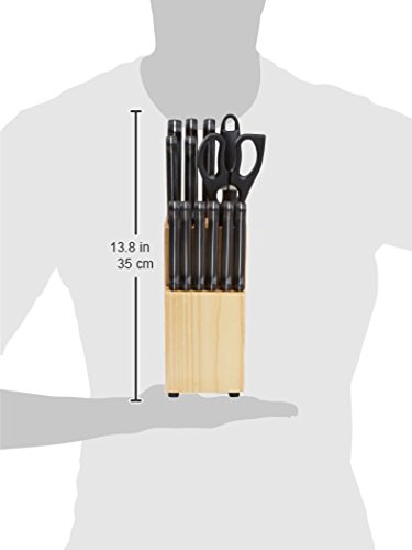 Amazon Basics 14-Piece High Carbon Stainless Steel Kitchen Knife Set with Full Tang Construction, Ergonomic Handles, Sharpener and Pinewood Block, Black - photo 6