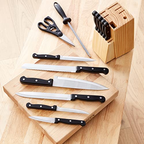Amazon Basics 14-Piece High Carbon Stainless Steel Kitchen Knife Set with Full Tang Construction, Ergonomic Handles, Sharpener and Pinewood Block, Black - photo 7