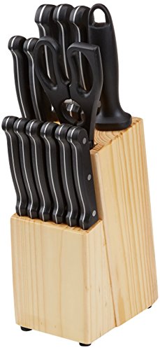 Amazon Basics 14-Piece High Carbon Stainless Steel Kitchen Knife Set with Full Tang Construction, Ergonomic Handles, Sharpener and Pinewood Block, Black - photo 4