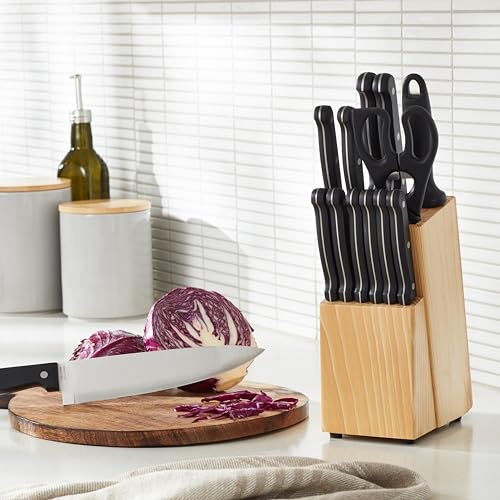 Amazon Basics 14-Piece High Carbon Stainless Steel Kitchen Knife Set with Full Tang Construction, Ergonomic Handles, Sharpener and Pinewood Block, Black - photo 8
