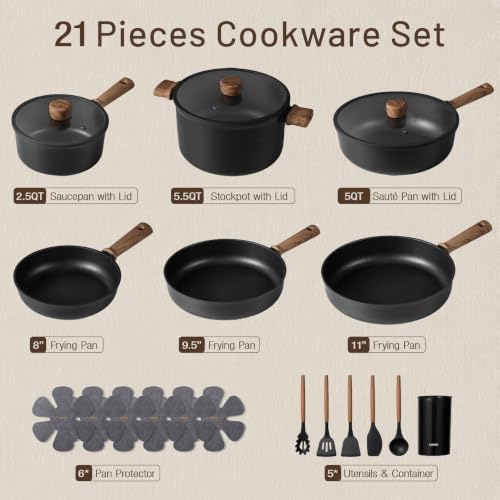 CAROTE Pots and Pans Set Nonstick Cookware Sets 21 Pieces Black | Titanium Reinforced Coating, Scratch-Resistant, Easy to Clean, Even Heating, Induction Compatible, with Frying Pans Set - photo 2