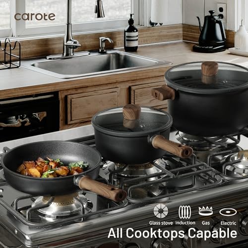 CAROTE Pots and Pans Set Nonstick Cookware Sets 21 Pieces Black | Titanium Reinforced Coating, Scratch-Resistant, Easy to Clean, Even Heating, Induction Compatible, with Frying Pans Set - photo 5