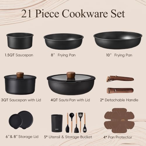 CAROTE 21pcs Pots and Pans Set Non Stick, Detachable Handle Cookware, Black | Induction Compatible, Dishwasher & Oven Safe, Kitchen Organization, Cooking Set for Camping/RV/Traveling, House Warming Gift - photo 2