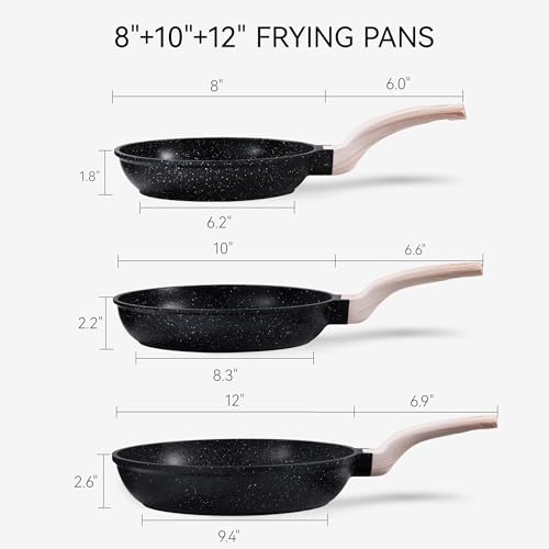 CAROTE Non Stick Frying Pan, Black 8"+10"+12" Granite Skillet Set | Healthy Non Toxic Cookware Set with Heat-Resistant Handle, Induction Compatible, Easy to Clean, PFOA-Free - photo 2