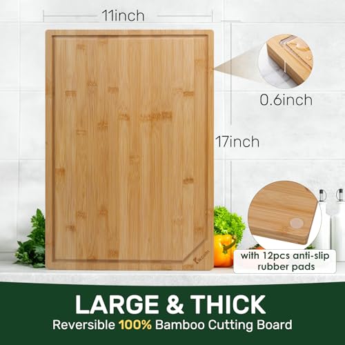 Kikcoin 17”×11” Bamboo Cutting Boards for kitchen, Reversible, XL, Natural | Extra Large Wooden Chopping Boards with Deep Juice Groove, Knife-Friendly Surface, Perfect for Charcuterie Serving,Food Grade - photo 3