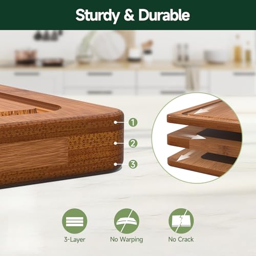 3-Piece Set Deep-Carbonized Bamboo Cutting Board for Kitchen, Carbonized | Crack-Resistant Wood Chopping Boards with Deep Juice Grooves, Pre-Oiled Butcher Block for Meat, Vegetables & Cheese - photo 3