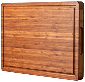 Allsum Extra Thick Wood Cutting Board for Kitchen, Reversible and Durable | 1” thick carbonized bamboo butcher block - resists warping - with handles, juice groove - charcuterie board for party